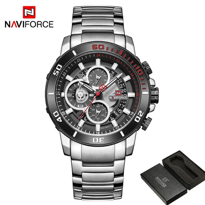 NA917405 with box NAVIFORCE, мужские часы, новинка, спортивные мужские наручные часы, лучший бренд, Роскошные, серебряные, военные, хронограф, нержавеющая сталь, кварцевые мужские часы 9174 - Цвет: NA917405 with box