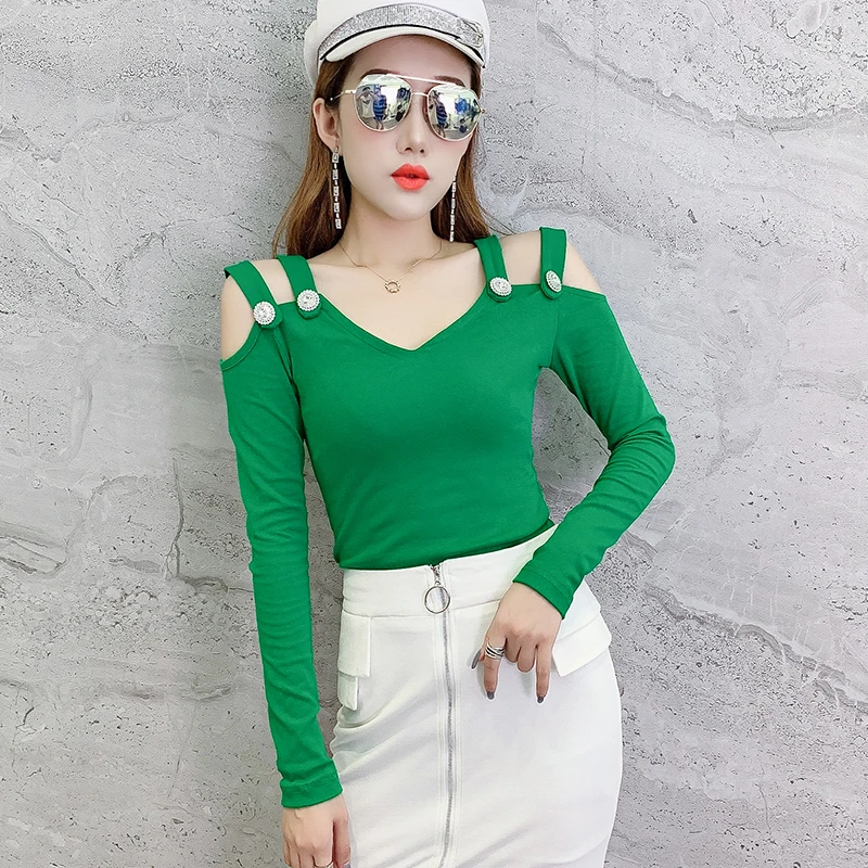 Korean Sexy Hollow Out Off Shoulder Button Tshirt Autumn Winter Women Long Sleeve Pullover Back Top Camiseta Mujer T98202