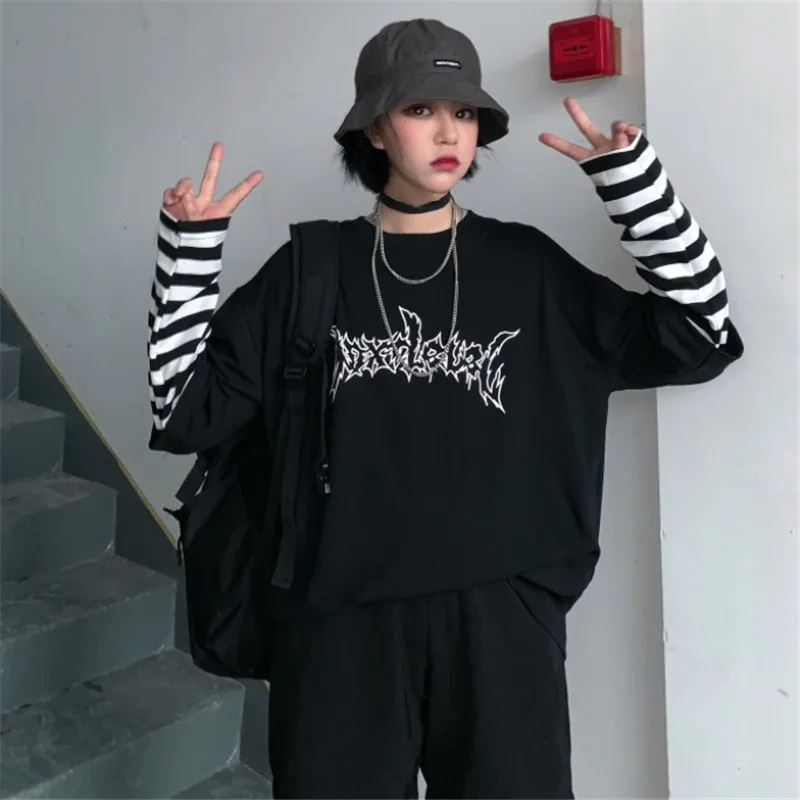 Личи Harajuku в стиле пэчворк полоску Женская футболка Поддельные 2 шт. с длинными