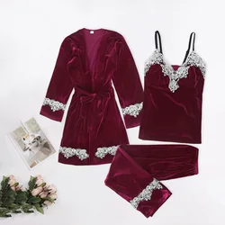 SAPJON 3Pcs Gold Velvet Pajamas Sets for Women Sexy Lace Pajamas Winter Sleepwear Robes Pants Homewear Pijamas