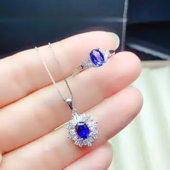 

925 Silver Jewelry set Natural Sapphire Pendant Ring sets Women Jewelry