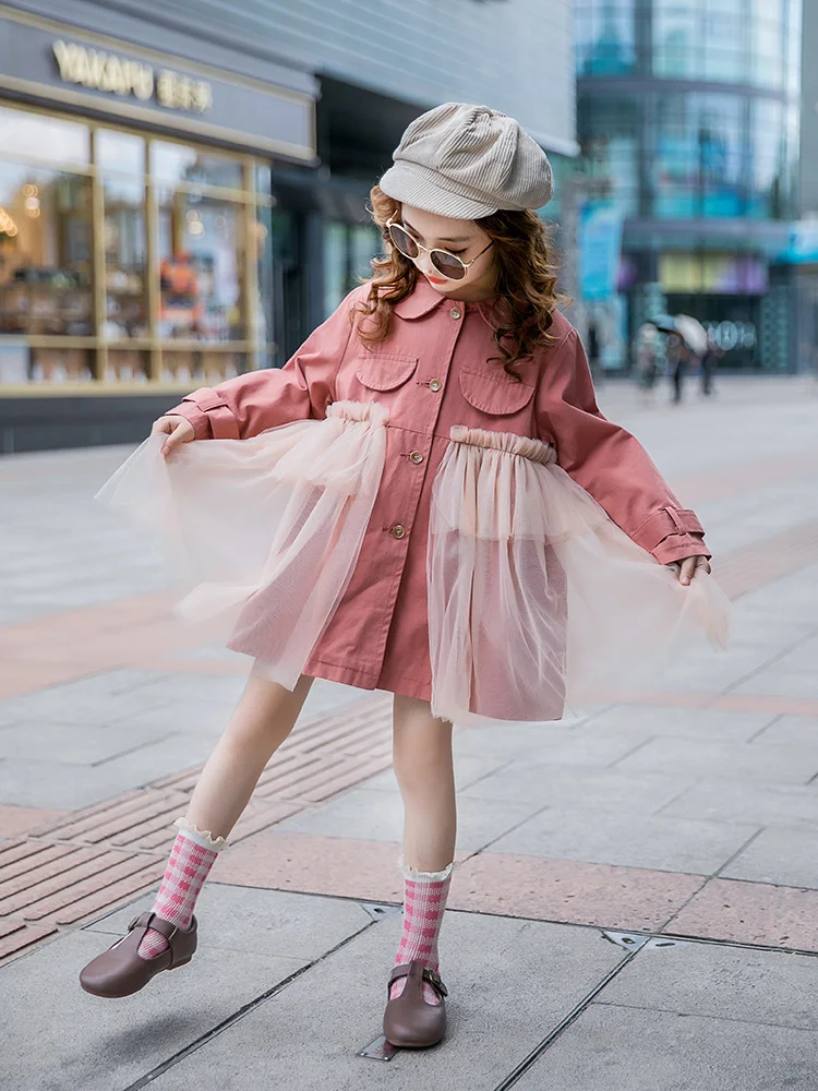 

Girls windbreaker 2019 new autumn loaded big children's foreign style long mesh gauze stitching children's princess coat