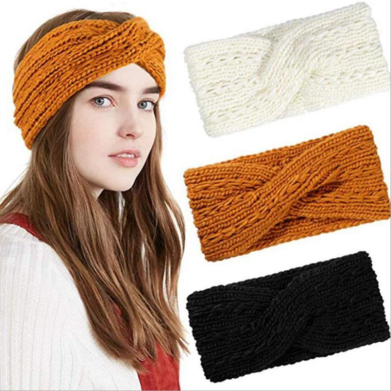 

Fashion Winter Warmer Ear Knitted Headband Turban Women Crochet Bow Wide Stretch Hairband Headwrap Woolen Acrylic Knit hairband