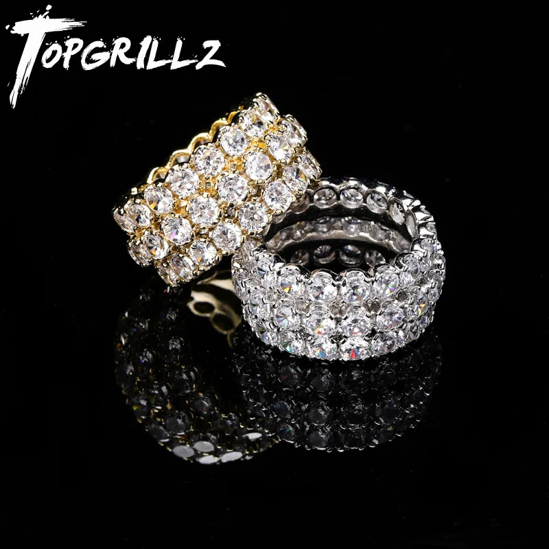 

TOPGRILLZ 3 Row Solitaire Men's Ring Copper Charm Gold Silver Color AAA Cubic Zircon Iced RING Fashion Hip Hop Jewelry For Men