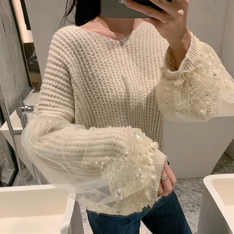 HIGH QUALITY Newest Fashion 2020 Runway Designer Sweater Women's Chic Sequined Gauze Patchwork Loose | Женская одежда