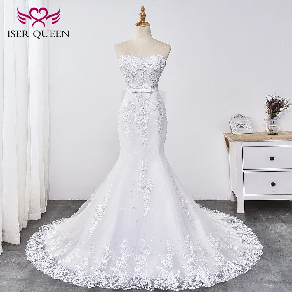 Пикантные Свадебные платья русалки без лямок с аппликациями, расшитые блестками, с поясом, с бантом, на шнуровке, элегантные, чисто белые, Vestido WX0031