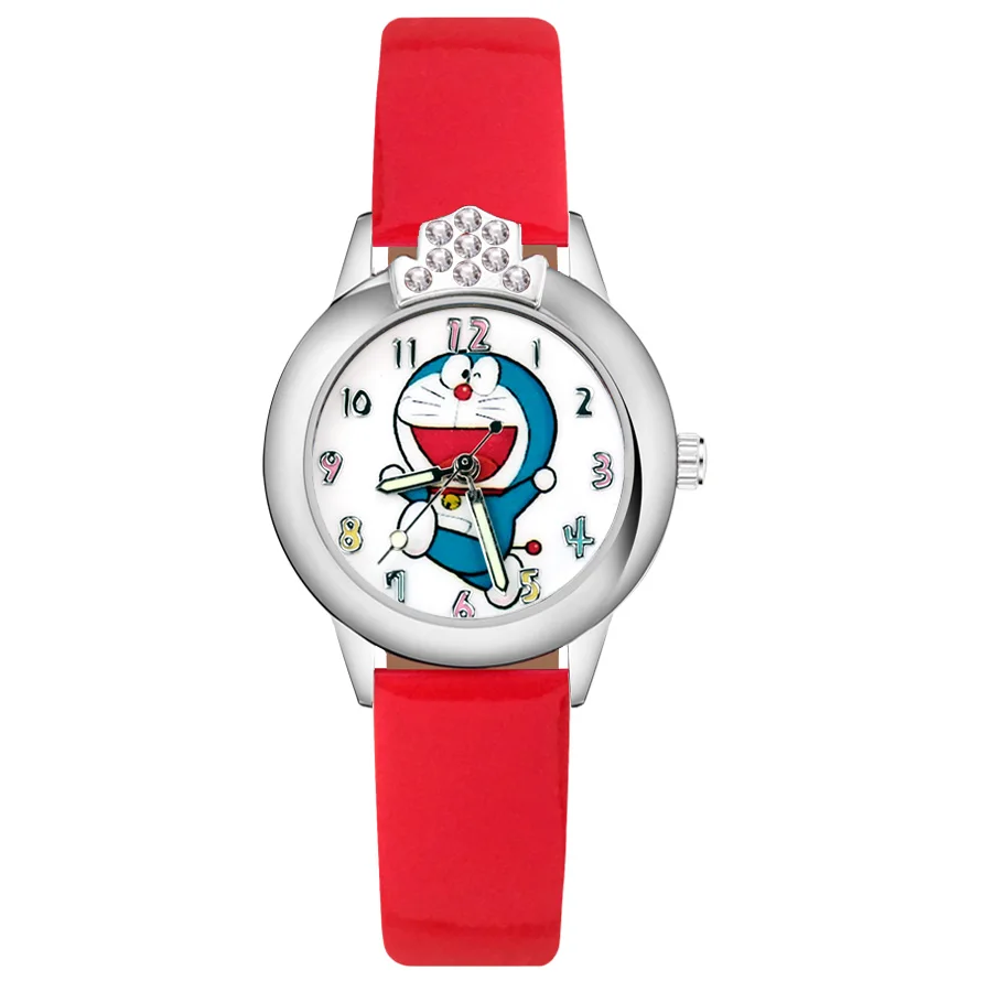 Мультфильм Doraemon Кристалл Стиль Детские часы Дети студентка девушки кварцевые Кожаный ремешок наручные часы JK67 - Цвет: Red