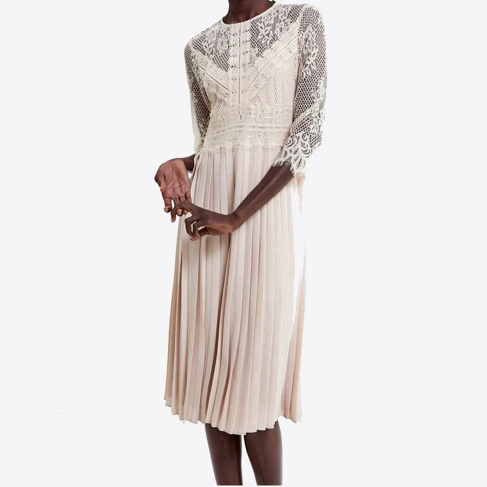 

Women Elegant Long Sleeve Mid-Calf Pleated Dress Female Summer Hollow Out Lace Patchwork Dress Casual O Neck Dress Vestidos