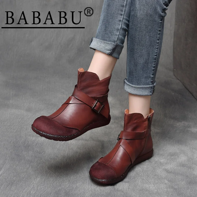 

2019 autumn new national style retro leather side zipper flat bottom low heel single shoes soft bottom knight boots ankle boots