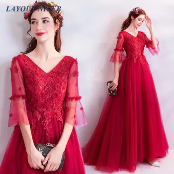 

Half Sleeve V neck Long Evening Dresses A line Sweep Train Arabic Special Occasion Gowns Lace Appliques Flowers Party Dress