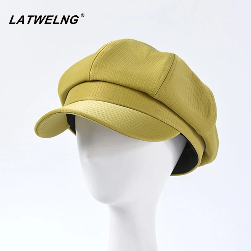

New Fashion Women PU Octagonal Caps Trend Avocado Green Visor Sun Hats Military Caps Faux Leather Newsboy Cap Wholesale