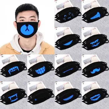

Black Anime Cartoon Face Mask Woman Men Glow In Dark Mouth Black Mask Cotton Washable Breathable Masks Cover Non-disposable