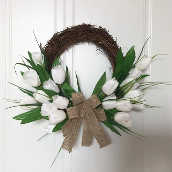 

16inch White Artificial Tulip Wreath Flower Wreaths for Front Door Home DéCor for Window Wall Party Hanging Decor