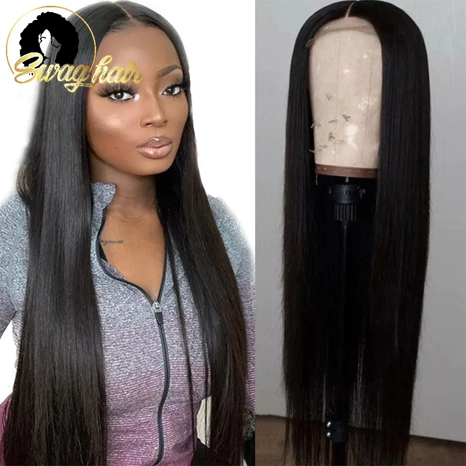 Swag Hair Straight Human Wigs With 4X4 Lace Closure Wig 180% Density 100% Peruvian Remy Natural Color Free Shipping | Шиньоны и парики