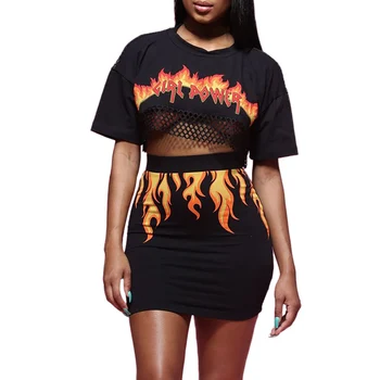 

2 Pcs/Set Summer Sexy Hip Hop Printed Suit Two-piece Party Plus Size Women Clothing Short Tops + Dress