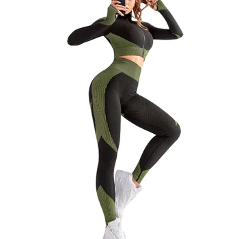 

Seamless Sports Suit Fashion Slim Color Block 2 PCS Sets Zipper Long Sleeves Outwear And Stretchy Fitness Pants Suits