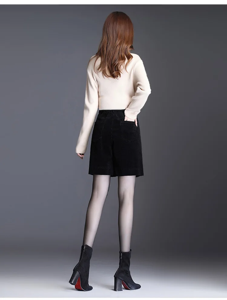 Women Autumn Winter Loose Casual High Waist Corduroy Shorts Office Lady Chic Button Plus Size Wide Leg Cargo Short Pant Shorts