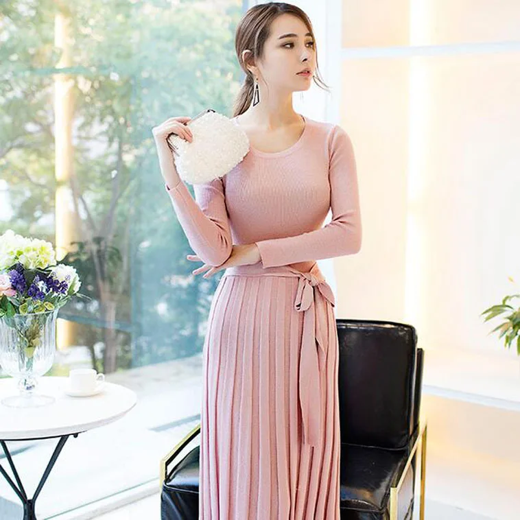 

2017 Dress Winter New Style Korean-style Fashion Crew Neck Slim Fit Mid-length WOMEN'S Dress Knitted Pleated Skirt