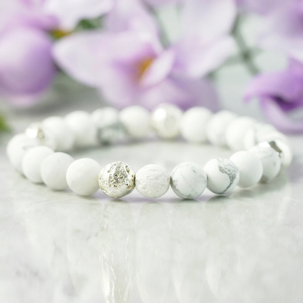 8 мм белый Howlite диффузор браслет эфирное масло тревога браслет ручной работы Серебряный Lava браслет из бисера