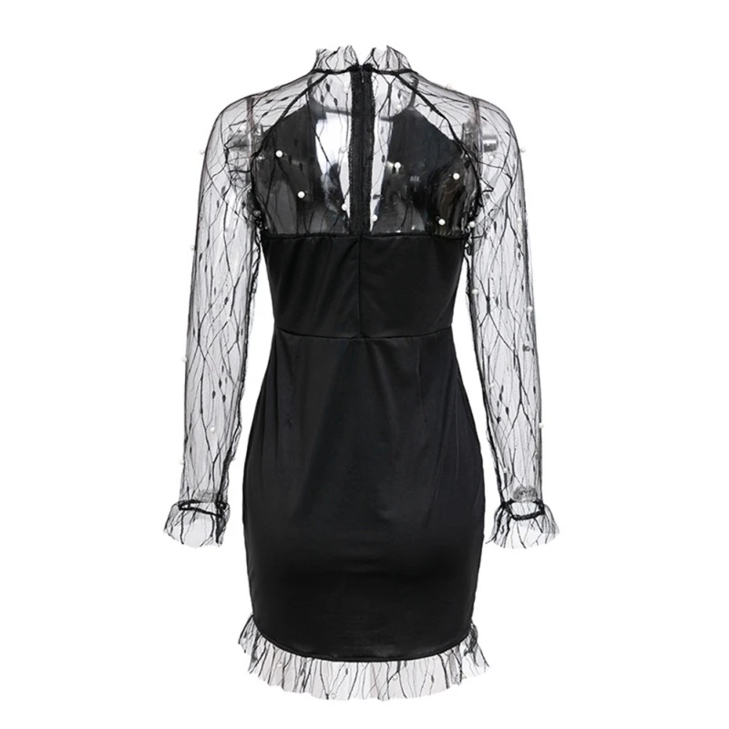 Черный Жемчуг Бисероплетение лоза сетка панель платье для женщин рюшами круглый вырез с длинным рукавом сексуальное вечернее платье облегающее платье