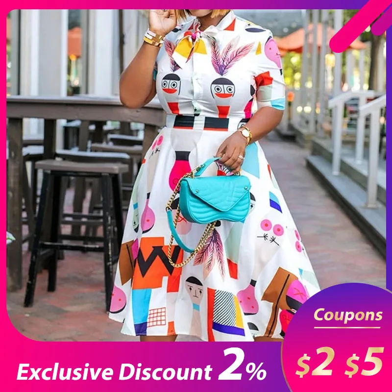 

Fashion African Ladies Pattern Printed Shirt Dress Elegant Women White High Waist A Line Plus Size Office Dresses Midi Work Wear