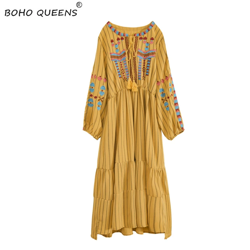 Винтажное шикарное женское пляжное богемное платье с вышивкой и кисточками с длинным рукавом женское платье-миди из льна и хлопка с круглым вырезом boho vestidos