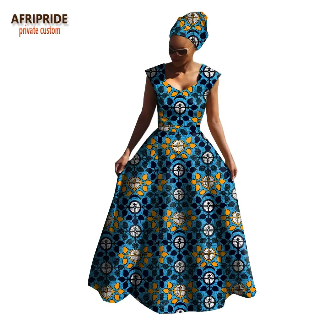 Afripride, Африканское весеннее Хлопковое платье для женщин, без рукавов, v-образный вырез, длина до пола, женское платье с повязкой на голову A1825039 - Цвет: 531J