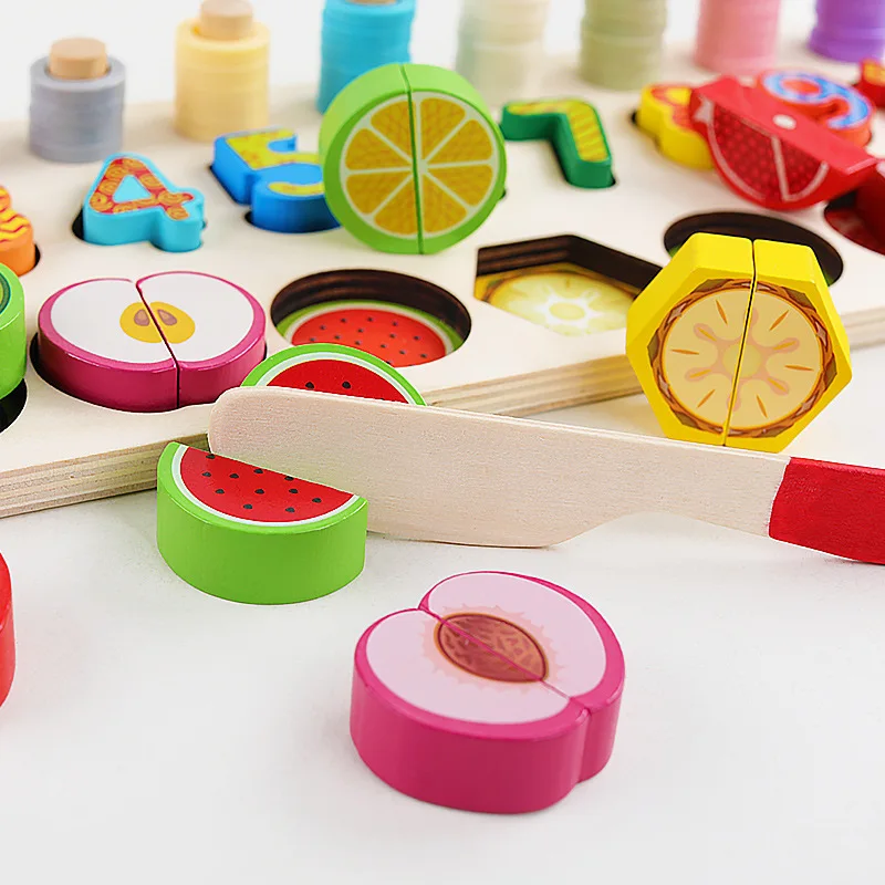 Wooden toy three-in-one double board digital operation cognitive shape pairing early education intelligence toy cut fruit game
