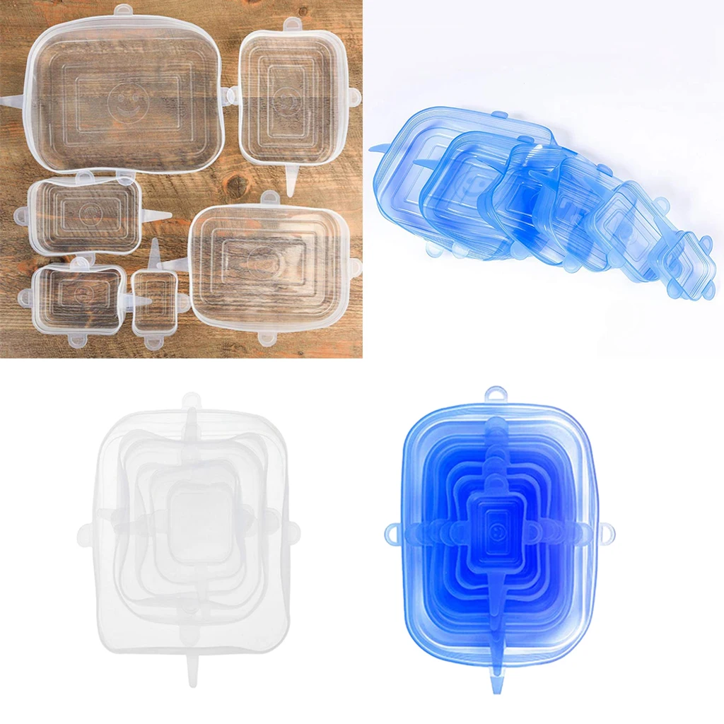 6pcs/Set Reusable Blue Silicone Food Covers Stretch Bowl Wraps Lids Universal