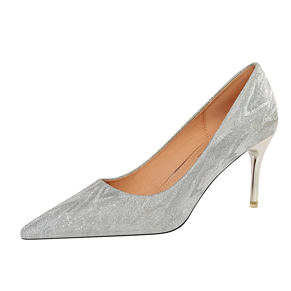 EOEODOIT/модные туфли на каблуке 5 см, 7 см, 9 см женские стильные туфли на шпильках с острым носком, без шнуровки, вечерние, свадебные, официальные, серебристые туфли-лодочки - Цвет: 7 cm silver