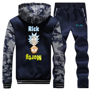 

Rick And Morty 2019 Winter Cartoon Print Streetwear Raglan Men Hooded Camouflage Suit Hoodie Casual Coat Thick+Pants 2 Piece Set