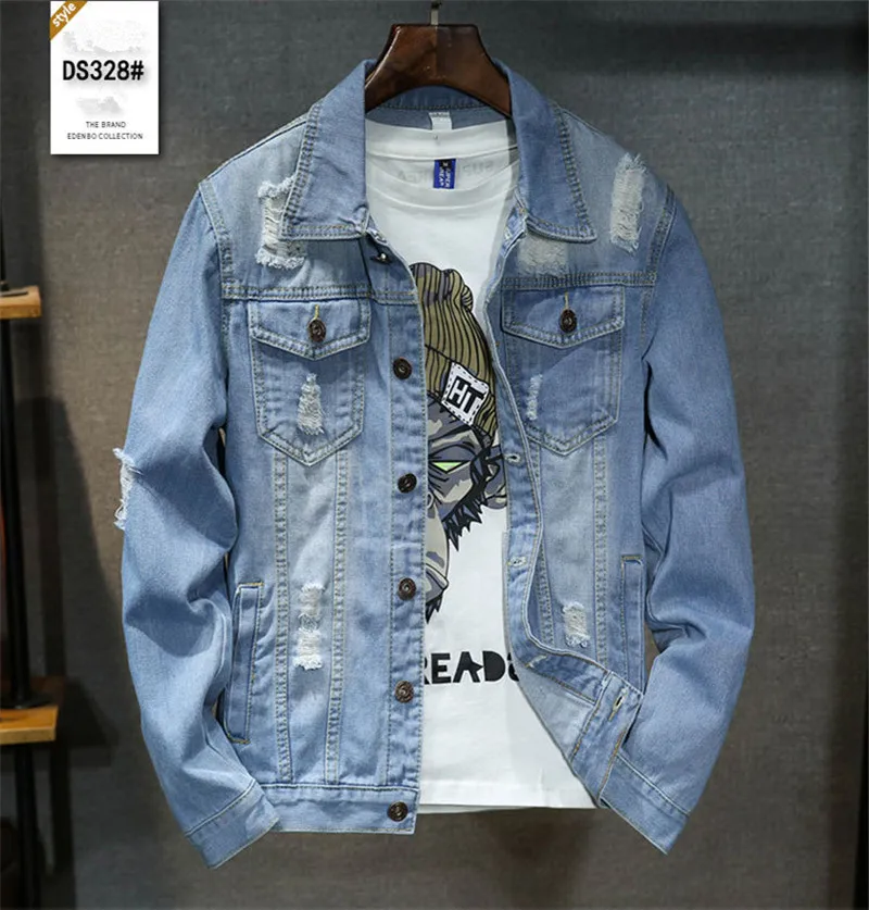 High quality Denim Jacket Men Ripped Holes Mens Lt Blue Jean Jackets New 2019 Autumn/Winter Garment Washed Mens Denim Coat