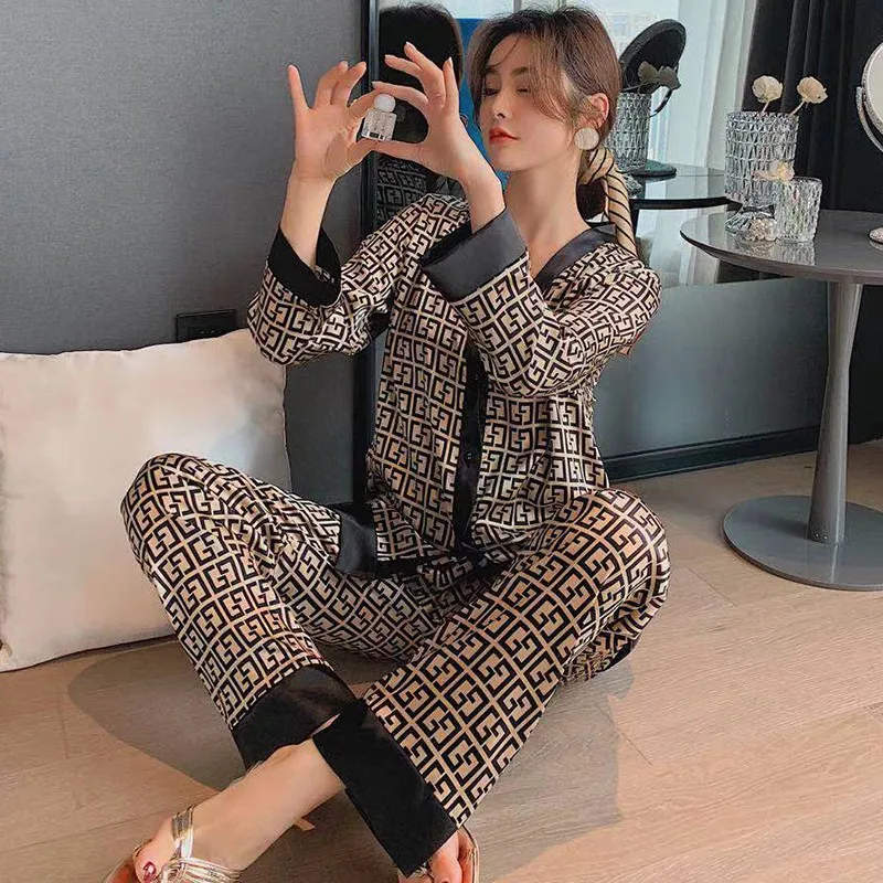 Lace Pj's 2PCS Sleepwear Women Satin Pajamas Suit Summer Pyjamas Casual Intimate Lingerie Long Sleeve Shirt&Pants Lounge Wear