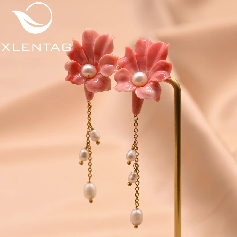 XlentAg 925 серебро Коралловый Розовый цветок висячие серьги для женщин натуральный жемчуг подвеска на цепочке Сережки для пирсинга Новинка GE0006