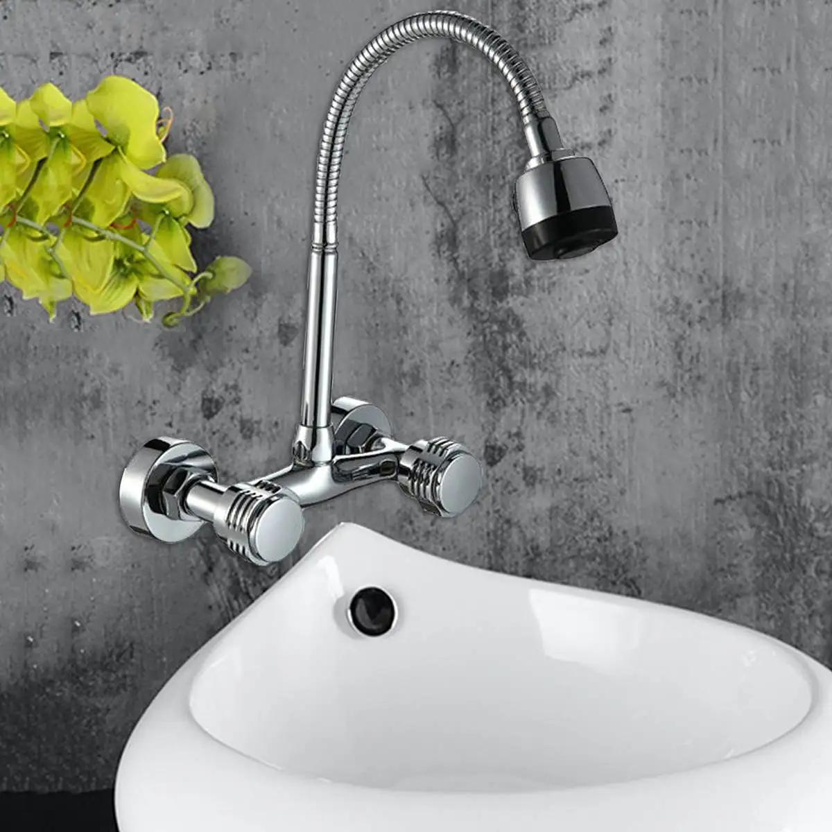 

Dual Handle Hot Cold Water Faucet All Copper In-wall Faucet Chrome Basin Sink Mixer Tap Adjustable Swivel Spout Water Faucet