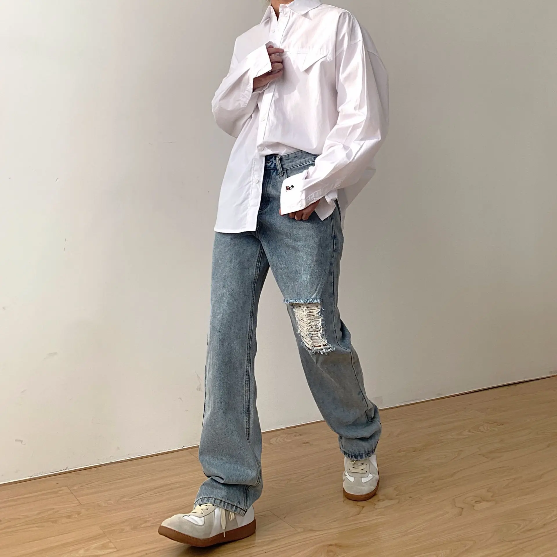 Ripped Hip Hop Men's Jeans Fashion Loose Straight Pants Streetwear Casual Wide Leg Cowboy Trousers Male Autumn Korean Clothing 2