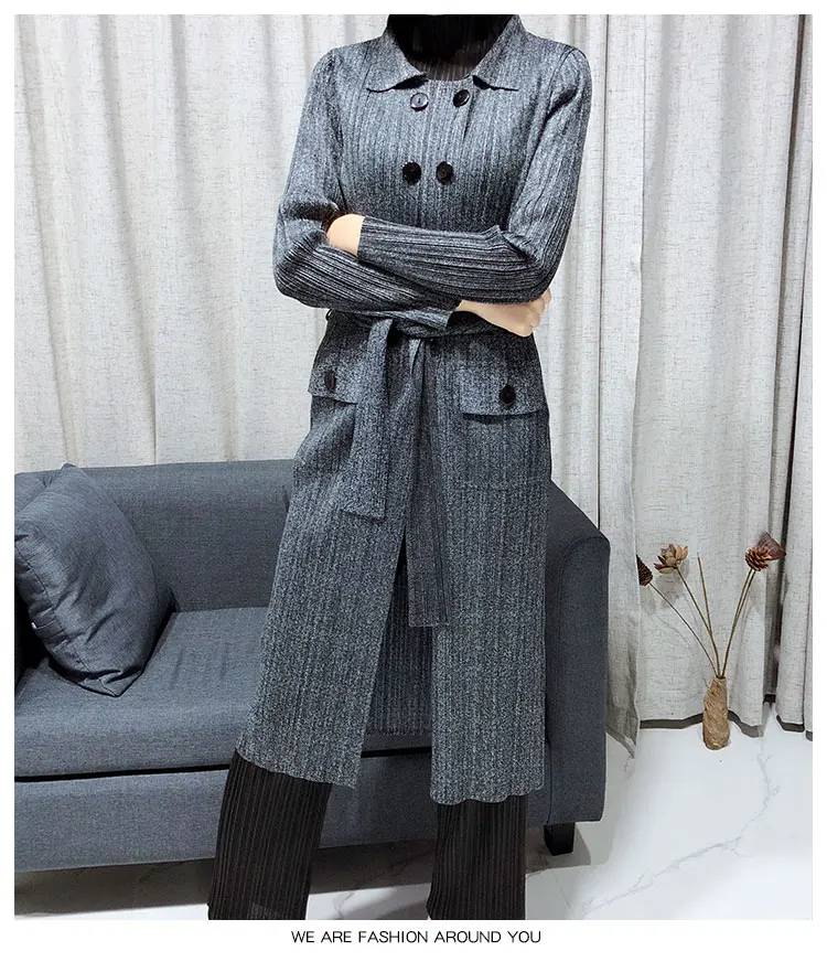 Лидер продаж Miyake Fold двубортный Тренч с длинными рукавами пальто с отложным воротником ремень Длинная ветровка