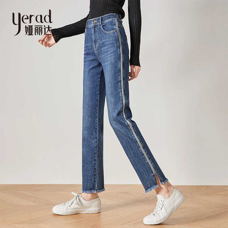 

YERAD 2019 Autumn New Jeans Women Side Stripe Casual Loose Straight Jeans Fashion Tassel Denim Pants