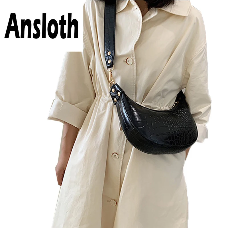 

Ansloth Crocodile Pattern Hobos Bag Lady Luxury Design Shoulder Bag Women Bag Solid Color Crossbody Bag Female Small Bag HPS721