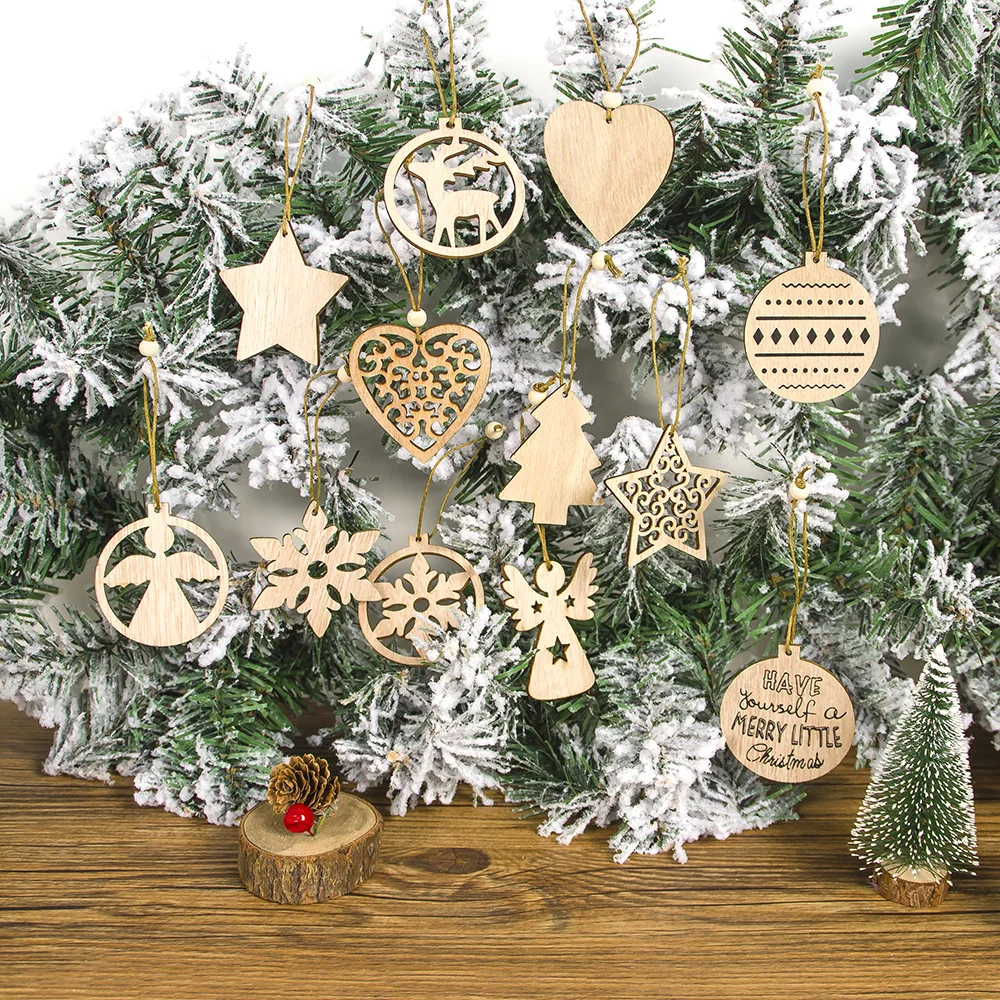 12pcs/set Happy New Year Wooden Angel Snowflake Christmas Pendants Craft Tree Decoration Xmas Gift Party Supplies | Дом и сад