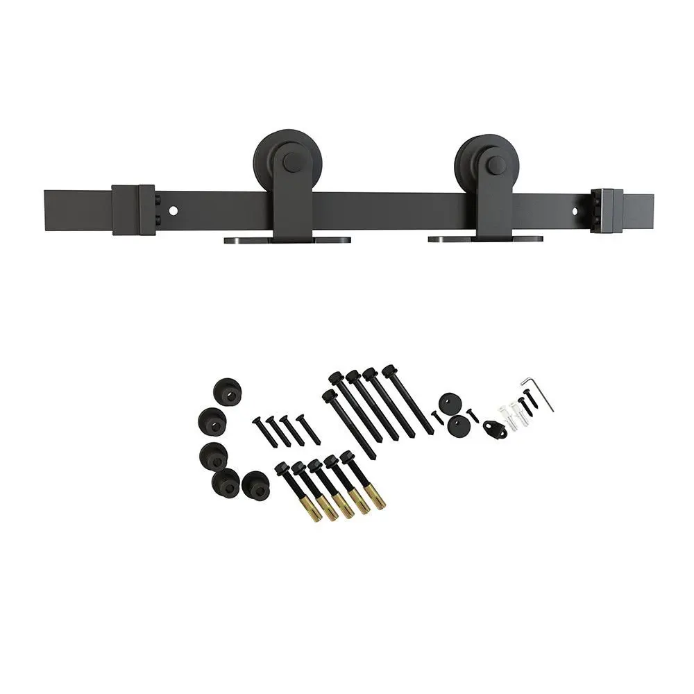 

6.6ft 1 Rail Black Steel Hanger Roller Sliding Barn Door Hardware Track Kit