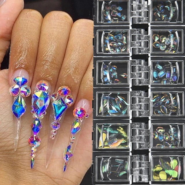 12 Grids/box Nail Art Rhinestone Mixed Crystal Rhinestone Diamond Gem  Acrylic Nail Diamond Flat Back Shiny 3D Nails Accessories - AliExpress