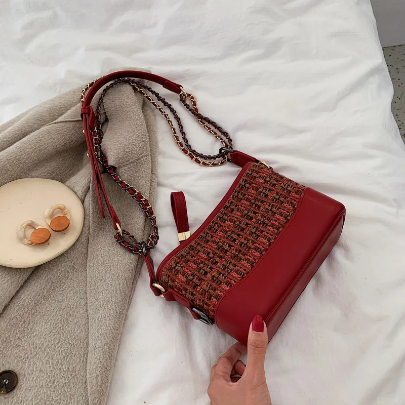 

Autumn new woolen design elegant women's wandering bag simple solid color shoulder bag versatile texture chain messenger bag