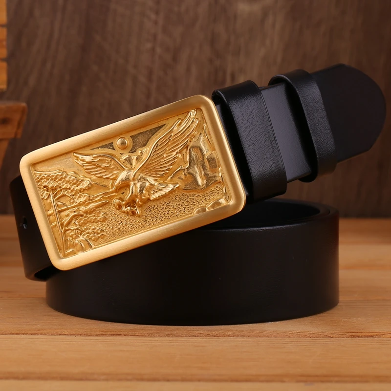 coffee eagle Орел твердая латунная пряжка роскошный полный зерна натуральная кожа дизайнерский ремень для мужчин Высокое качество красный коричневый черный 3,8 см - Цвет: coffee eagle