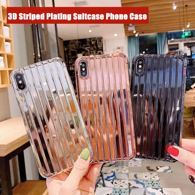3D Striped Plating Suitcase Phone Cases For iPhone X XR XS Max Luxury Silver Armor Case 6 7 8 Plus Fashion Back Cover |