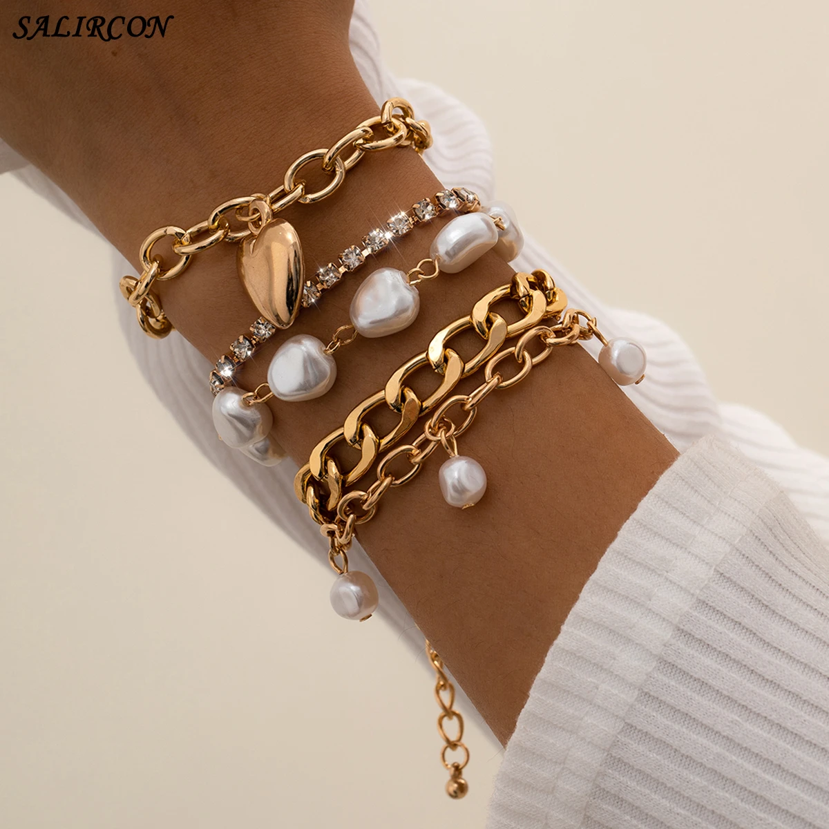 Pulseras de cadenas multicapa Vintage, de de imitación de corazón de cristal pulsera en mano, joyería para pareja|Brazaletes de cadena y enlaces| - AliExpress