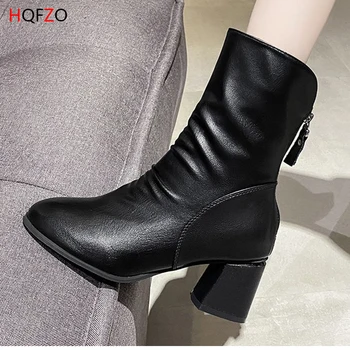 

HQFZO Sexy Chunky Heels High Women Zipper Ankle Boots Autumn Shoes Pointed Toe Leather Botas Mujer 2020