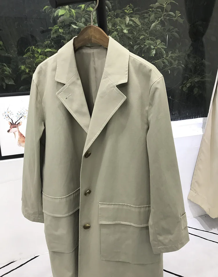 Women Trench Light Gray Green Cotton Straight Trench Coat