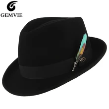 GEMVIE новинка осень зима для мужчин и женщин шерсть шляпа Толстая теплая фетровая Трилби джазовая шляпа фетровая шляпа с пером