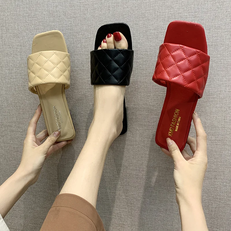 

Summer Sandals Women Slippers Fashion Square Toe Weave Leather Slides Flat Sandal Casual Outside Flip Flops Beach Shoes 2020